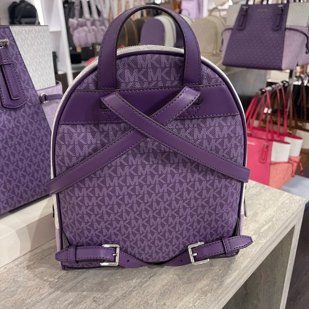 MICHAEL KORS Rhea Md Zip Color-Block Signature Logo Backpack Dark Purple MLT NWT